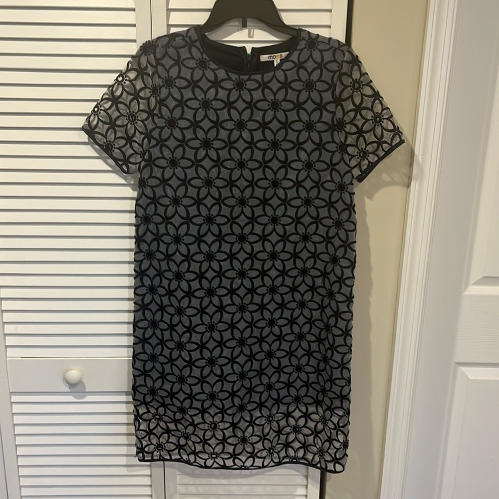 Blue dress with sheer floral overlay. Size M